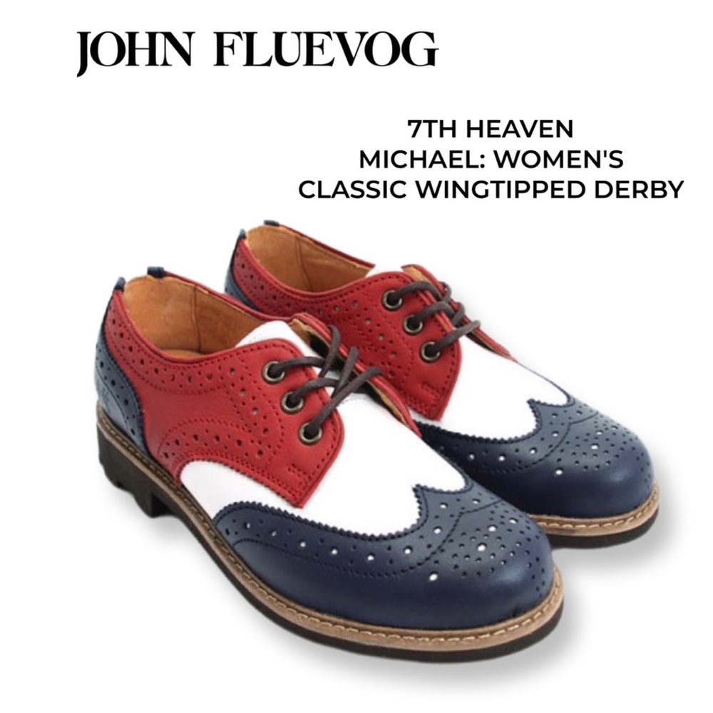 John Fluevog Women’s 7th Heaven Wing Tipped Derby Oxfords Red Blue White Size 10